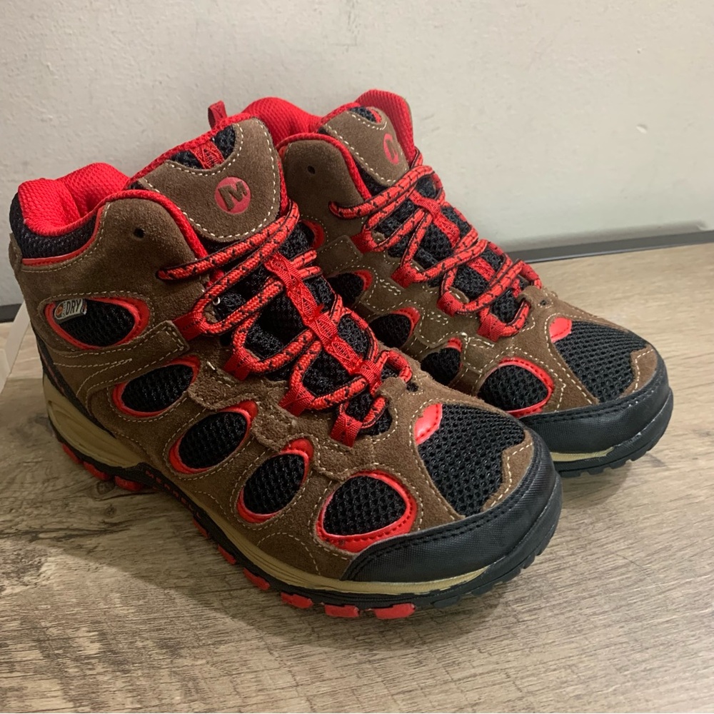 Kids MERRELL Brown & Red HILLTOP VENTILATOR Mid HIKING Trail BOOTS Shoes  3